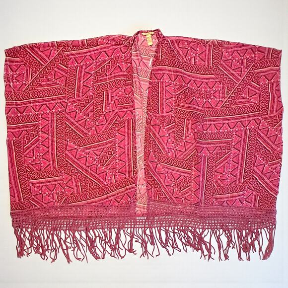 Bit & Bridle Fringe Kimono Cardigan Plus One Size Aztec Fuchsia Burgundy Boho - Picture 7 of 8